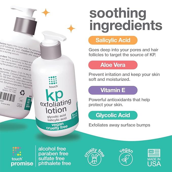 TOUCH Glycolic Acid Lotion for Keratosis Pilaris - KP Exfoliating Body Lotion Moisturizer - for AHA BHA Rough & Bumpy Skin- Gets Rid of Redness - 8 Fl Oz-GlimoraGlow