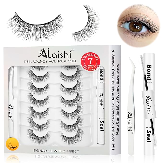 Wispy False Eyelashes Kit With Bond, Seal and Tweezer, 7 Pairs Natural Look Fake Cat Eye Lashes Strips Thin Band Extensions Waterproof Easy Eyelashes for Beginners RQ46-GlimoraGlow