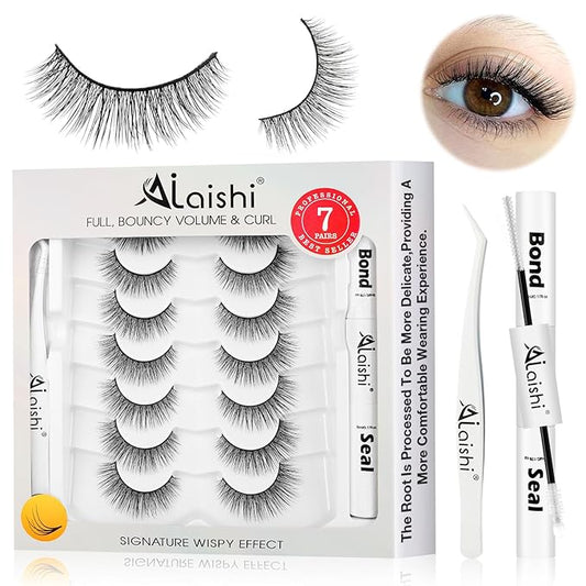 Wispy False Eyelashes Kit With Bond, Seal and Tweezer, 7 Pairs Natural Look Fake Cat Eye Lashes Strips Thin Band Extensions Waterproof Easy Eyelashes for Beginners RQ46-GlimoraGlow