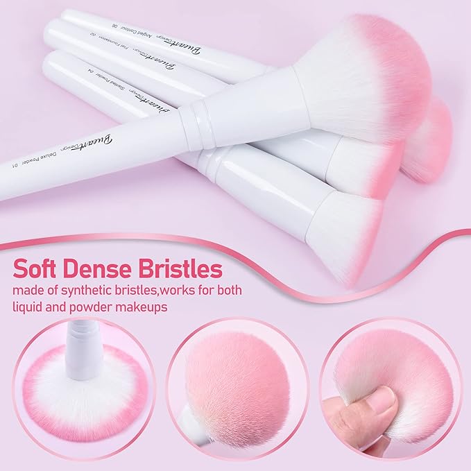 Bueart Design 16Pcs ULTRA SOFT labeled Makeup Brushes set with brush Holder face brush for Foundation Powder Blending Blush wooden Handle(16Pcs White+Pink Holder)-GlimoraGlow