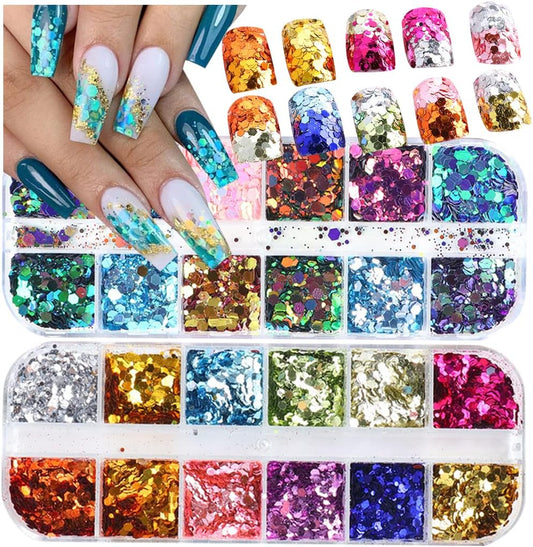 2 Boxes 24 Colors Chameleon Holographic Glitter Mermaid Nail Art Sequins 3D Flakes Laser Gradient Nail Glitter Design Shiny Glitters Powder Accessories for Women Manicure DIY Decorations-GlimoraGlow