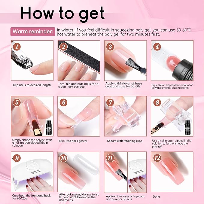 JEWHITENY Poly Extension Gel Nail Kit 14 PCS Poly Gel Kit with Slip Solution and Mini Lamp Nail Art Design Beginner-GlimoraGlow