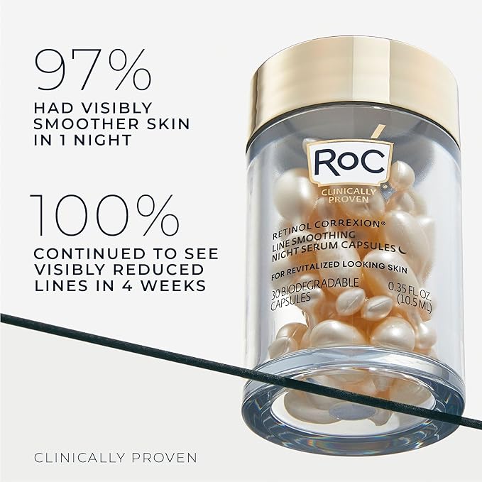 RoC Retinol Correxion Anti-Aging Wrinkle Night Serum, Retinol Serum for Face, Daily Treatment for Fine Lines, Post Acne Scars, 30 Capsules, Unscented, 0.35 Fl Oz-GlimoraGlow
