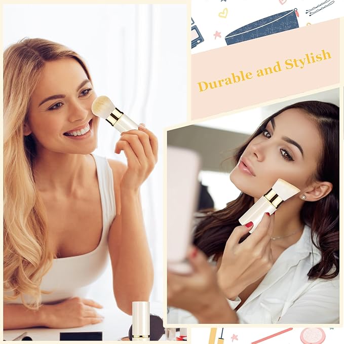 Makeup Brush, Retractable 2 Pack Travel Kabuki Powder Makeup Brush, Foundation Face Blush Brushes for Blending Liquid, Blush, Bronzer, Buffing, Sunscreen,Flawless Cosmetics-GlimoraGlow