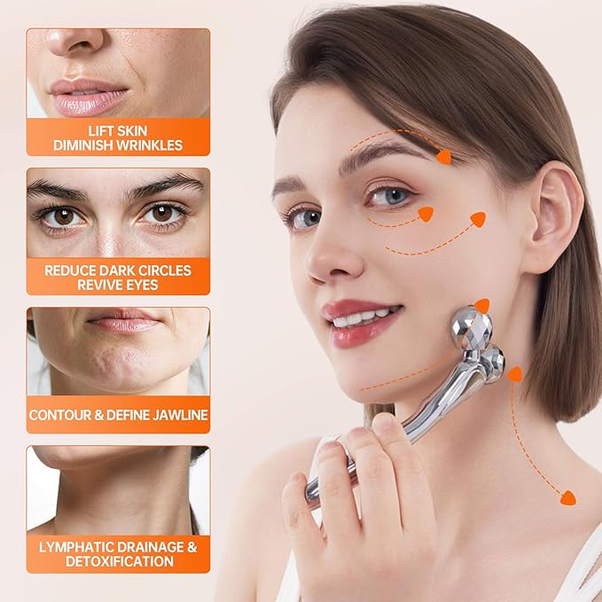 Metal Facial Roller Massager, 3D Cooling Face Massage Tool for Reduce Puffiness, Remove Eye Wrinkles, Face Lifting, Increase Firmness, Anti-Aging, Skin Tightening-GlimoraGlow