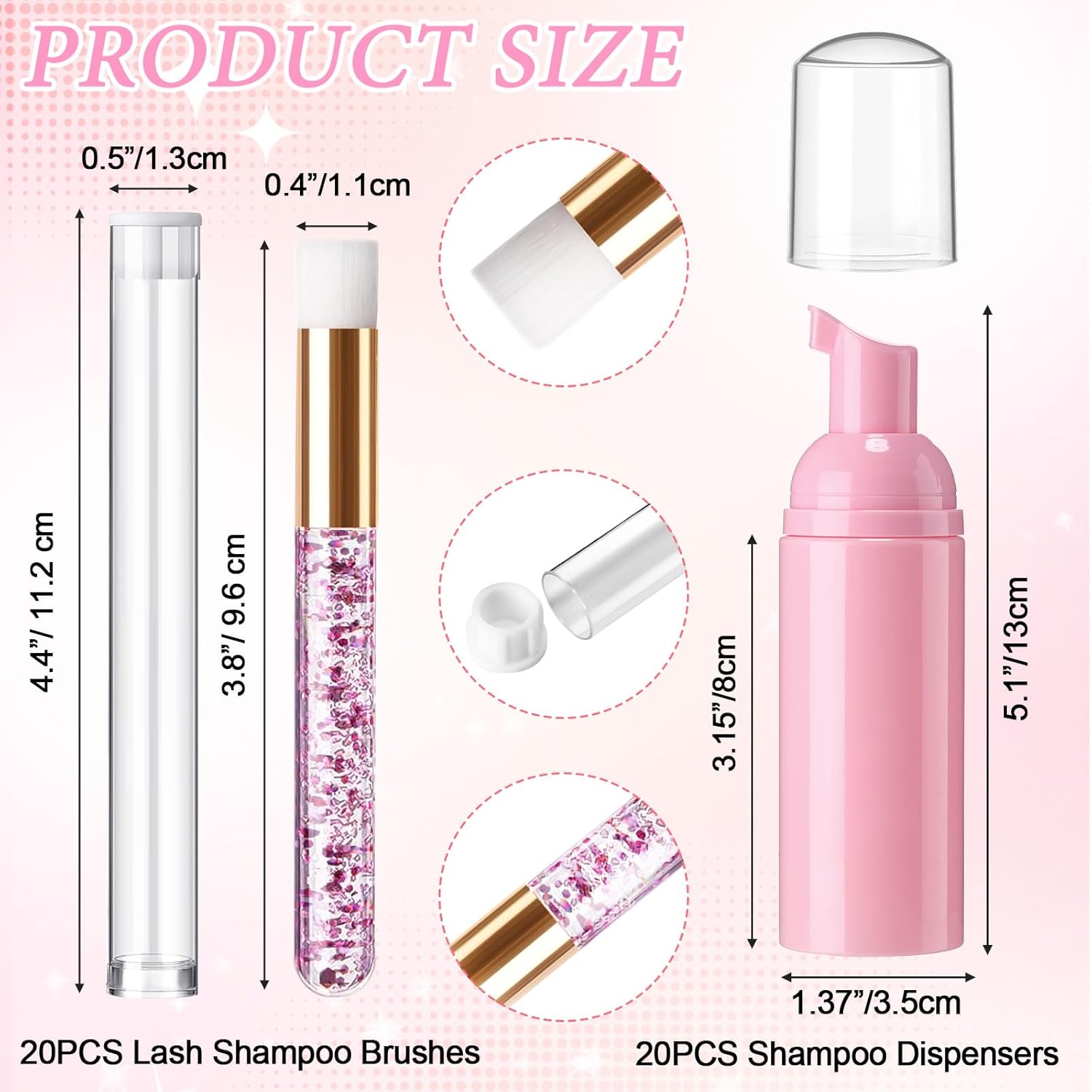 Zhehao 80 Pcs Lash Shampoo Bottle Brushes Kit 20 Foam Pump Dispensers 20 Lash Shampoo Brushes 20 Eyelash Aftercare Bag 20 Cleaning Pipes, Eyelash Extension Supplies(Pink)-GlimoraGlow
