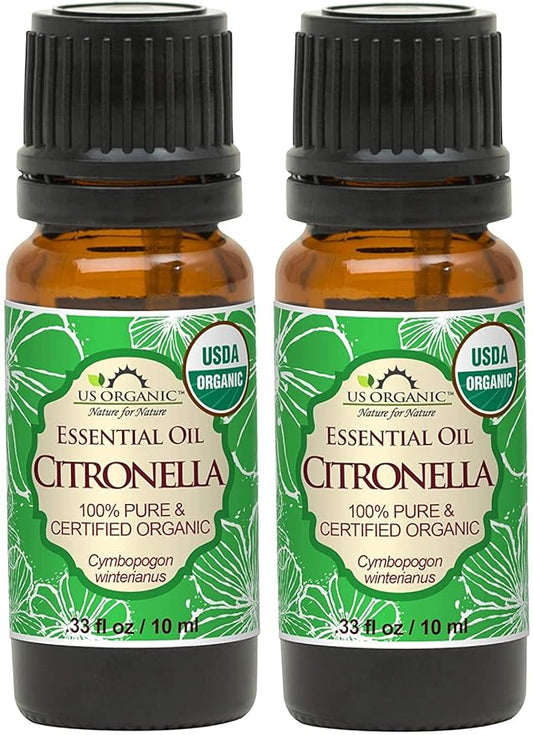 US Organic Citronella Essential Oil, USDA Certified, 100% Pure, 10 ml Pack of 2, Improved caps and droppers – Used for Skin Care, Many DIY Projects Like Candle Making and Much More-GlimoraGlow