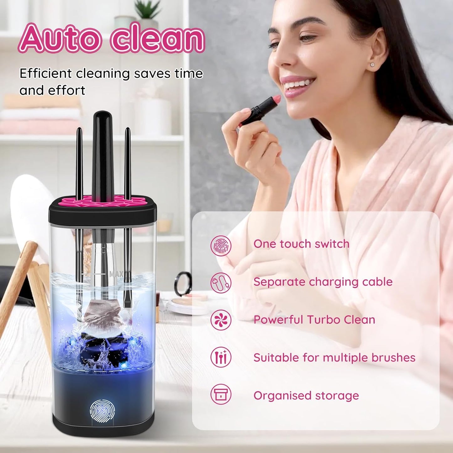 Electric Makeup Brush Cleaner Machine, Ultimate Efficient Automatic Cleaner for All Types of Makeup Brushes - Black Pink-GlimoraGlow