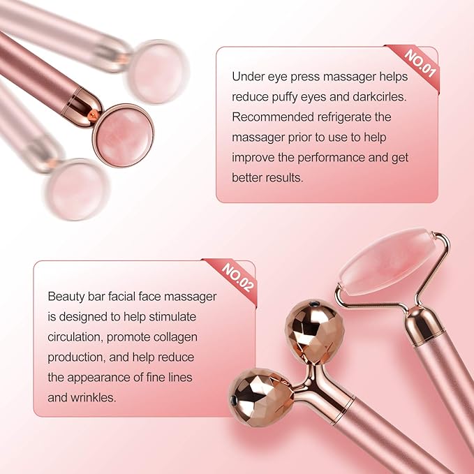 3-IN-1 Electric Jade Roller 3D Roller Facial Roller & Face Massager, Rose Quartz-GlimoraGlow