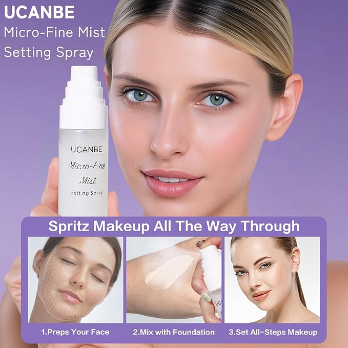 UCANBE Dewy Setting Spray for Makeup, Long Lasting Hydrating Make Up Finishing Spray for Face, Micro-Fine Mist Fixing Spray for Dewy Glow Finish, Lightweight & Waterproof for up to 16 Hours Wear-GlimoraGlow
