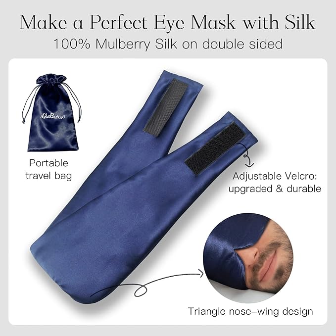 100% Natural Silk Eye Mask for Women Men, Soft Pressureless Cooling Blackout Eye Covers for Sleeping, Large Size Sleep Mask fits All Heads Adjustable, 1PC, Navy Blue-GlimoraGlow