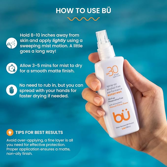 BU SPF 30 Sunscreen Spray for Face and Body, Non Aerosol Spray, Clear WOWmist, TSA Travel Size Sunblock, Oil Free and Water Resistant for Sensitive Skin, Natural Citrus 3.3 oz-GlimoraGlow