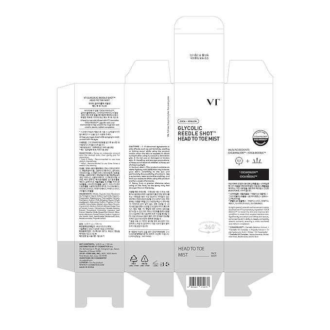 VT COSMETICS 7% Glycolic Acid Reedle Shot Head-to-Toe Mist with Niacinamide, Exfoliating Spray for Bumpy & Strawberry Skin, Dark Spots, Skin Texture, Keratosis Pilaris, Korean Skincare (4.05 fl oz)-GlimoraGlow