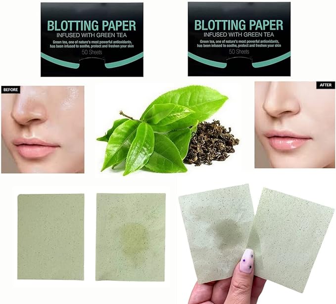 2 Pks GREEN TEA INFUSED Soothing Natural Abaca Blotting Paper - 100 Oil Blotting Sheets - Makeup Friendly UNISEX Oily Skin Shine Blotter Photography Zoom Meetings Travel Gym School - MADE IN TAIWAN-GlimoraGlow