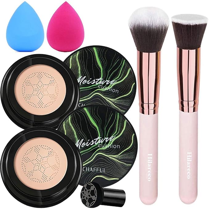 2 PCS Mushroom Head Air Cushion CC Cream Nature Foundation,Foundation Brush Powder Brush,Moisturizing Concealer, Bright Makeup Base Long Lasting (#02 Natural+#03 Warm Nude)-GlimoraGlow