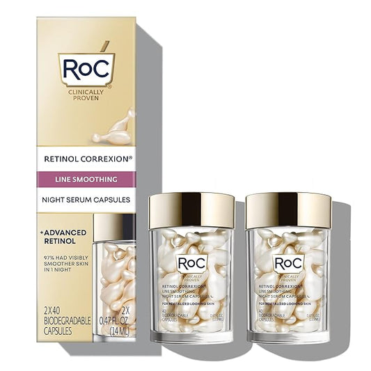 RoC Retinol Correxion Anti-Aging Wrinkle Night Serum, Retinol Serum for Face, Daily Treatment for Fine Lines, Post Acne Scars, 80 Capsules (Limited Edition Value Set), Unscented-GlimoraGlow