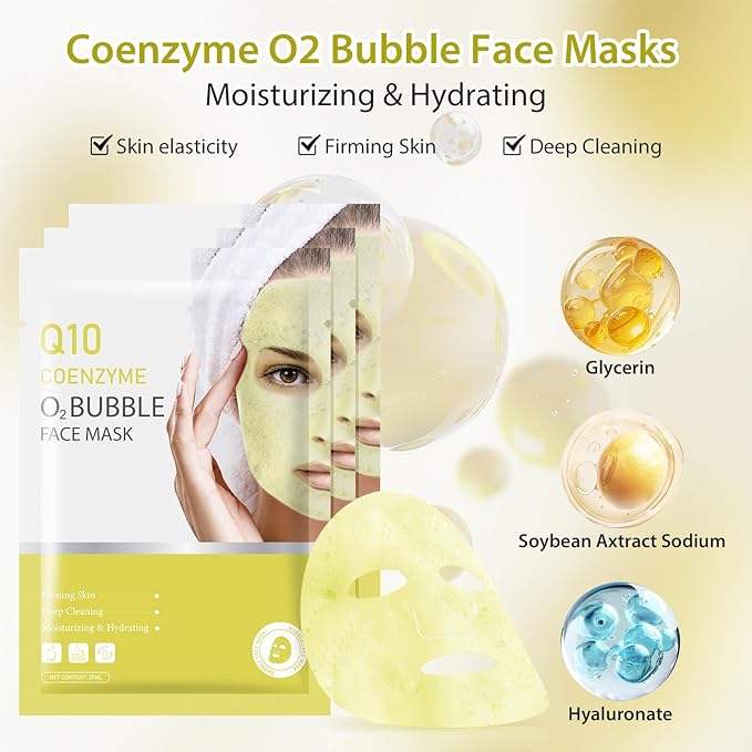 10 Sheets Coenzyme Q10 O2 Bubble Masks for Face, Bubble Face Mask Skincare for All Skin Types, Deep Cleansing Moisturizing Facial Mask Skin Care for Pores, Firming, Purifying, Sheet Masks for Spa-GlimoraGlow