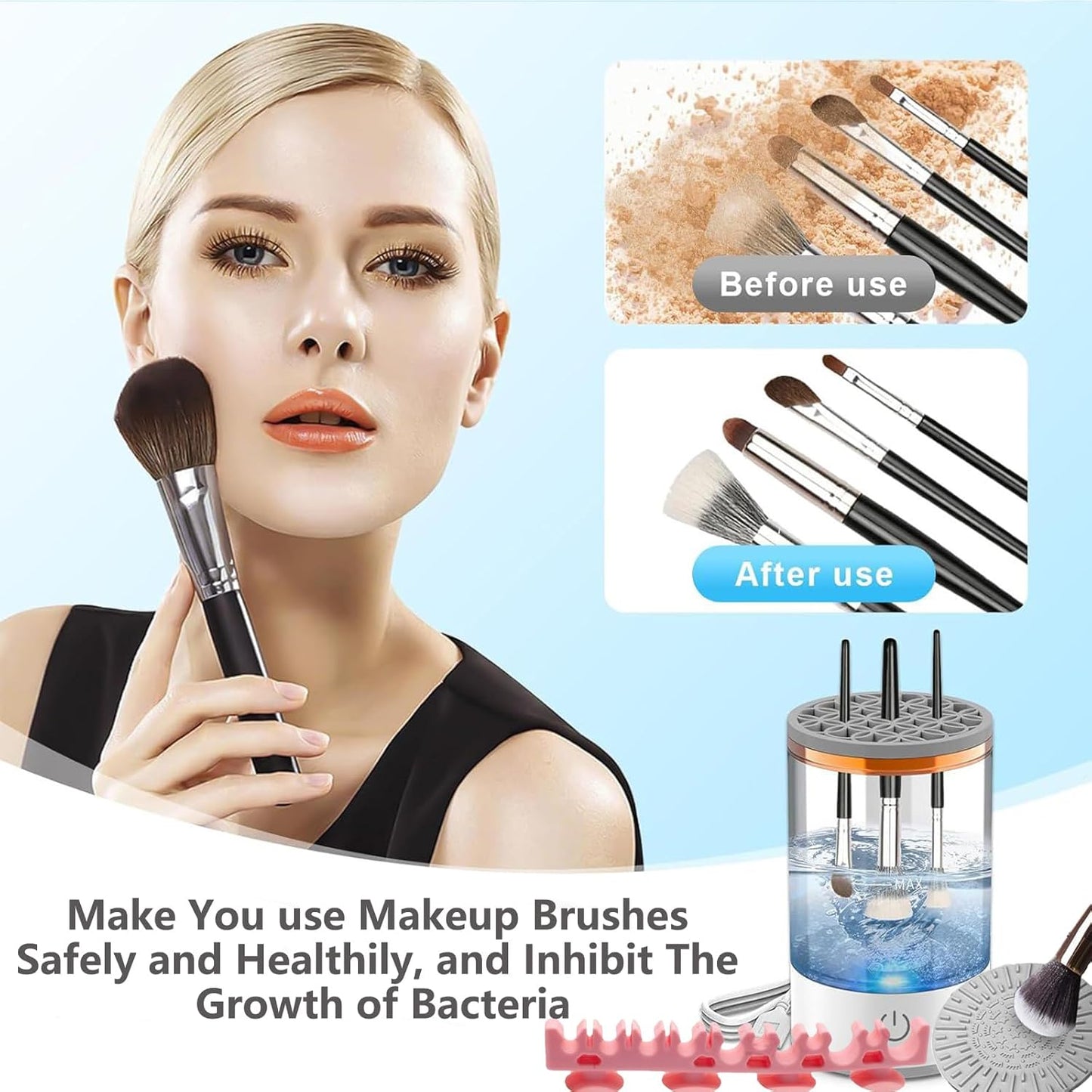 Makeup Brush Cleaner Machine, Portable Electric Makeup Brush Cleaner, Efficient Deep Cleaning Makeup Brushes, Automatic Spinning Make Up Brush Cleaner Fit for All Size Cosmetic Brush (White)-GlimoraGlow