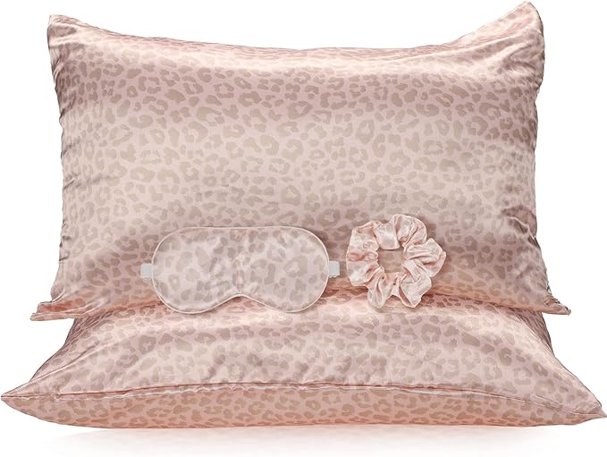 2 Pack Satin Pillowcase with Latent Zipper, Adjustable Satin Eye Mask for Sleeping and Satin Volume Scrunchie for Hair and Skin, Standard Size (Pink, Leopard Style)-GlimoraGlow