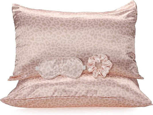 2 Pack Satin Pillowcase with Latent Zipper, Adjustable Satin Eye Mask for Sleeping and Satin Volume Scrunchie for Hair and Skin, Standard Size (Pink, Leopard Style)-GlimoraGlow