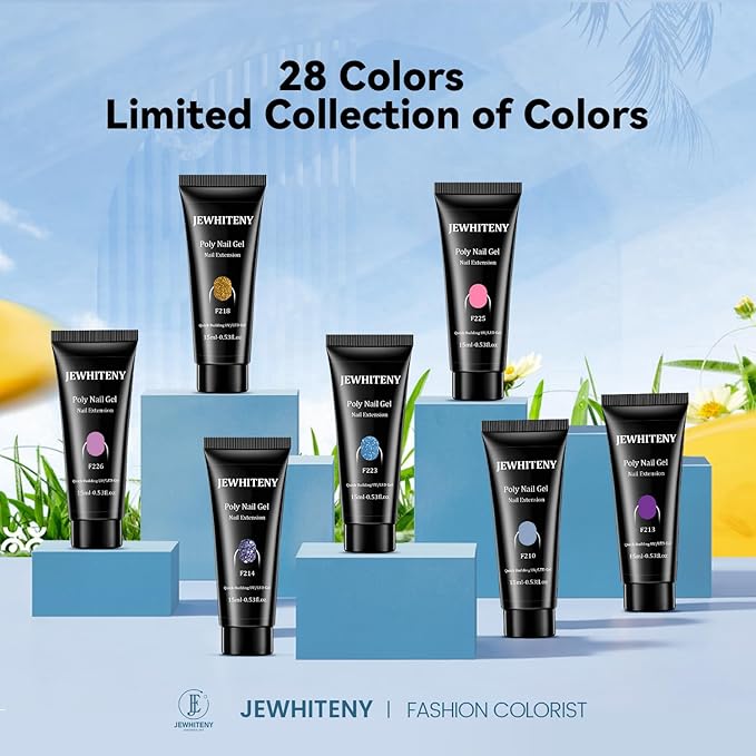JEWHITENY 28 Colors Poly Nail Gel Set - 15ml Nude Pink Brown Black Grey Blue Yellow Tones for French Manicure DIY Nail Art Salon & Home Use Holiday Gift-GlimoraGlow
