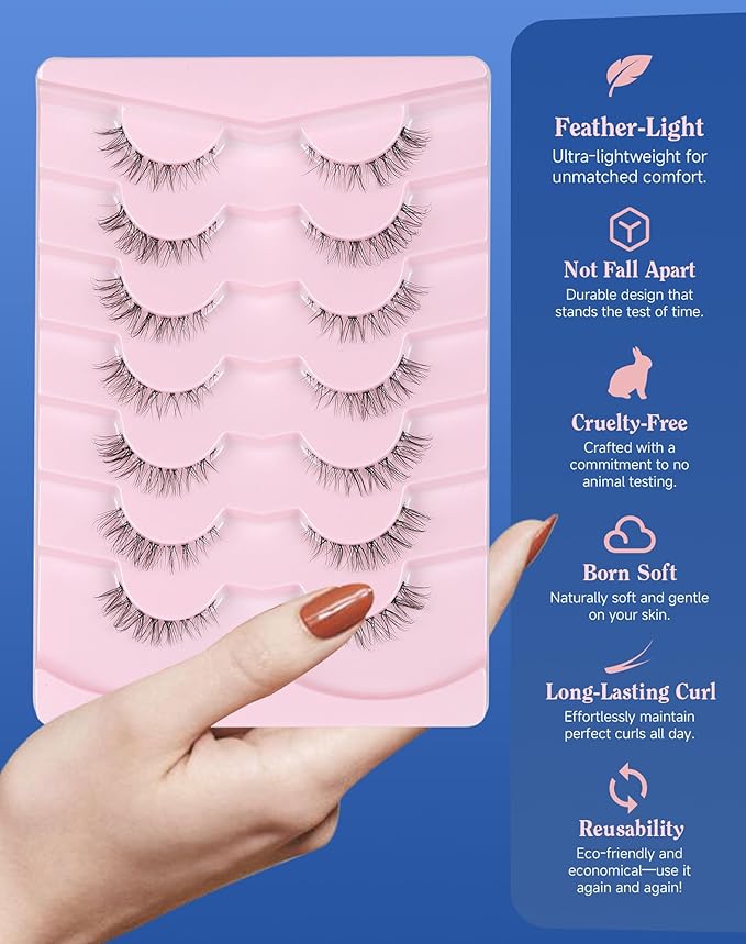 Short Lashes Natural Look Wispy False Eyelashes Flared Strip Eyelash Small Lash Fluffy Clear Band 7 Pairs SF-08-GlimoraGlow
