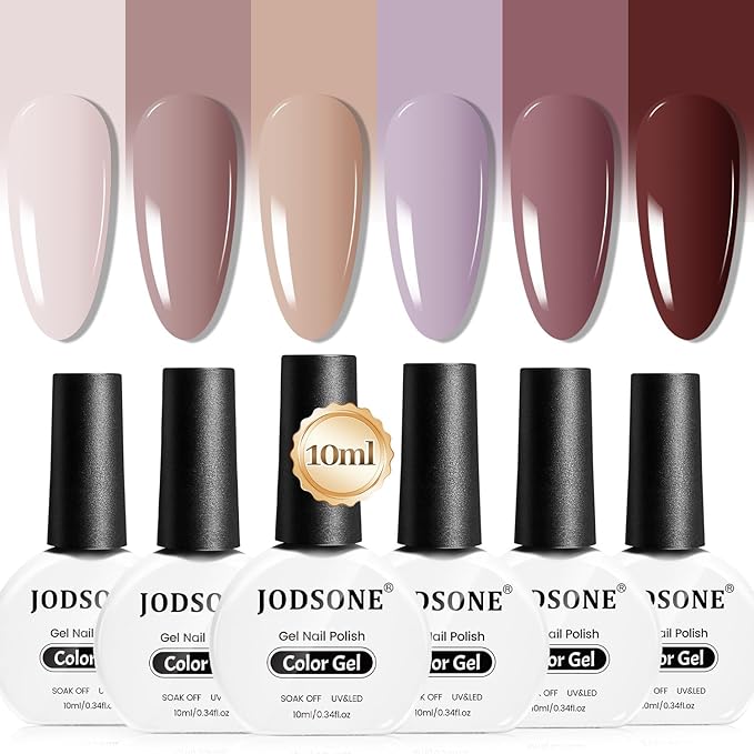 JODSONE 10ml Nude Pink Gel Nail Polish Set 6Colors Long Lasting Neutral Brown Red Purple Nail Polish Lacquer Glossy Art for Nail and Salon Need U V Lamp-GlimoraGlow
