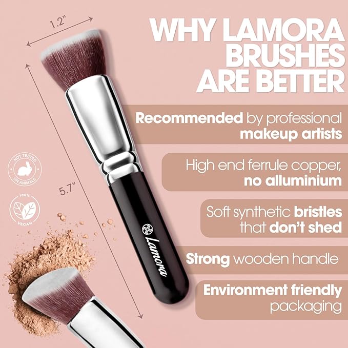 LAMORA Foundation Brush for Liquid Makeup - Kabuki Face Brush for Cream, Powder, Blush, and Concealer - Flat Top Blending, Buffing, Stippling Brush-GlimoraGlow