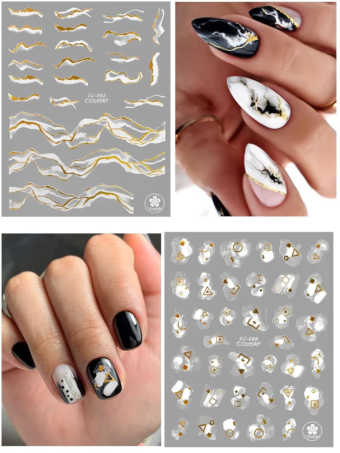12 Sheets Nail Art Stickers Decals,TOROKOM Self-Adhesive White Black Gold Stripe Line Nail Decals Marble Wave Nail Sticker Supplies for 3D Nail Design Nail Accessories for Women French Nail Decoration-GlimoraGlow
