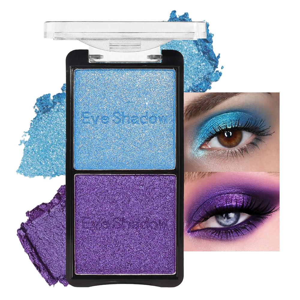 2 colors eye shadow makeup palette, Blue & Purple Eyeshadows Halloween Birthday Party Wear, high pigment eye, matte & shimmer metal eye shadow powder, Blendable, Ultra-Pigmented, Easy to Apply(02)-GlimoraGlow