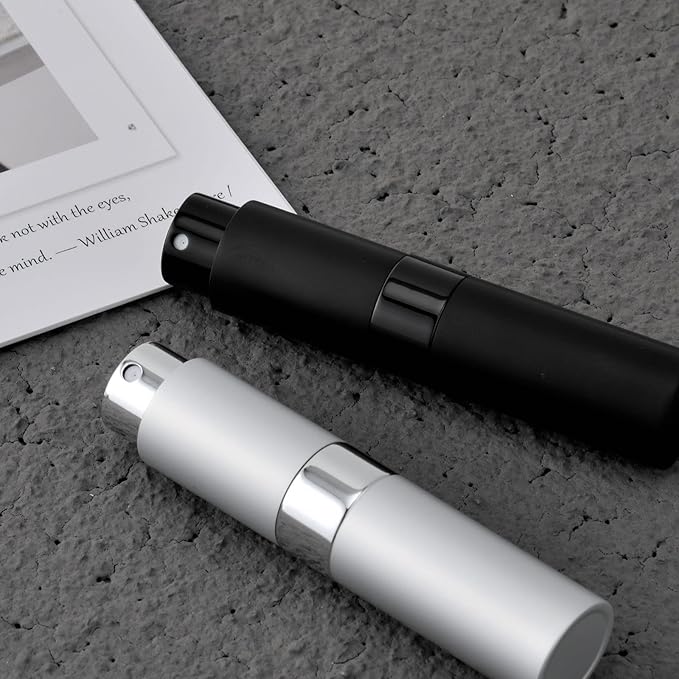 2 PCS/8ml Portable Mini Perfume Atomizer bottles, Empty Refillable Spray Bottle with 3 Types of Refill Tools, Pocket Travel Perfume Sample Bottles(Matte Black&Silver)-GlimoraGlow