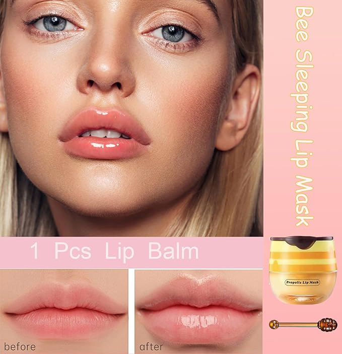 1 PCS Bee Lip Balm Honey Pot, Exfoliating Honey Bee Lip Balm Sleeping Lip Mask Overnight with Sticks, Honey Pot Lip Balm Prevention Dry Hydrating and Crack Lip Scrubs-GlimoraGlow