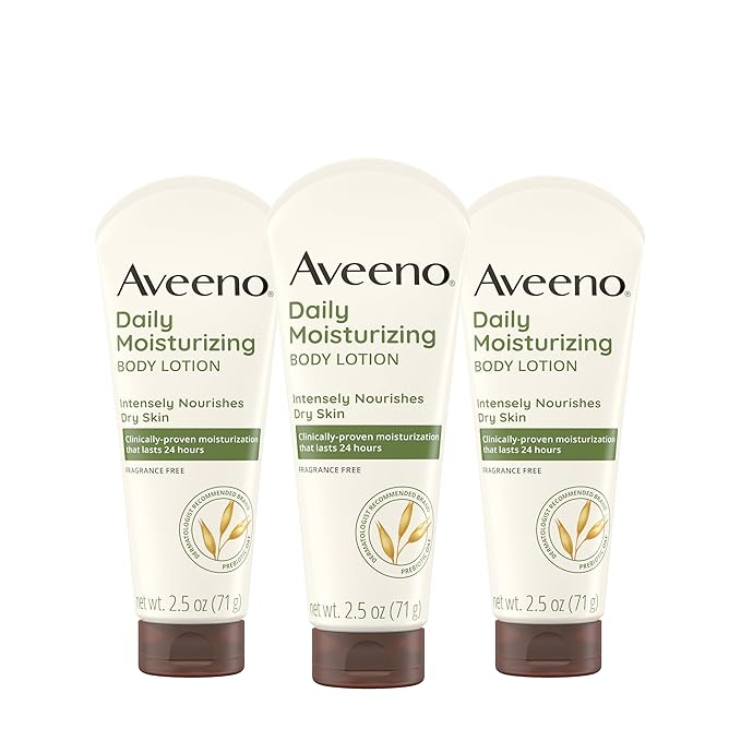 Aveeno Daily Moisturizing Body Lotion, Gentle Lotion Nourishes Dry Skin With Moisture, Soothing Prebiotic Oat, Fragrance-Free, Non-Comedogenic, Travel-Size, Pack of Three, 3 x 2.5 fl. Oz-GlimoraGlow
