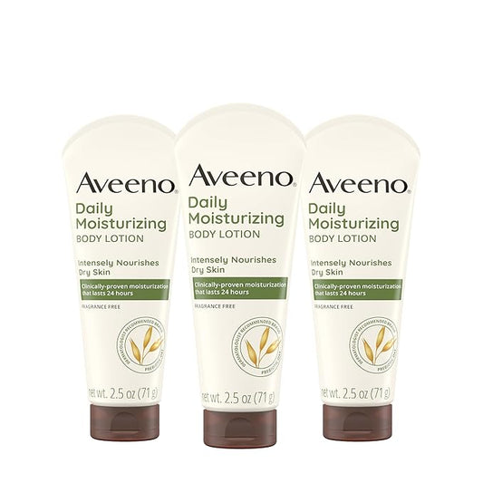 Aveeno Daily Moisturizing Body Lotion, Gentle Lotion Nourishes Dry Skin With Moisture, Soothing Prebiotic Oat, Fragrance-Free, Non-Comedogenic, Travel-Size, Pack of Three, 3 x 2.5 fl. Oz-GlimoraGlow