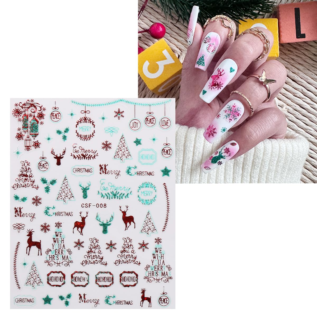 JMEOWIO 9 Sheets Christmas Glitter Nail Art Stickers Decals Self-Adhesive Green Red Snowflake Winter Holiday Nail Supplies Nail Art Design Decoration Accessories-GlimoraGlow