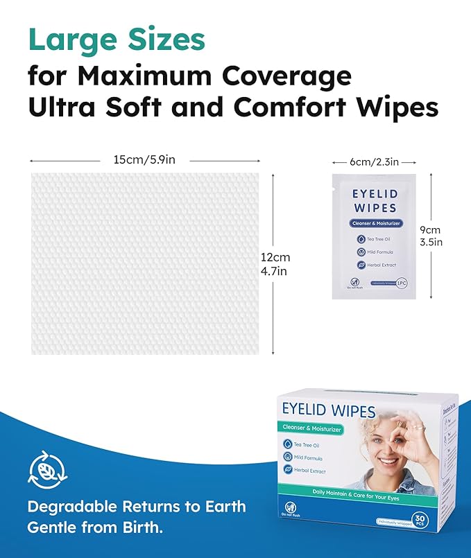 Eyelid Cleansing Wipes for Dry Eye & Blepharitis, Tea Tree Oil Hypoallergenic Eye Wipes for Sensitive Itchy Eyes, Individually Wrapped Eyelid WipesTravel Essentials (30 Count)-GlimoraGlow