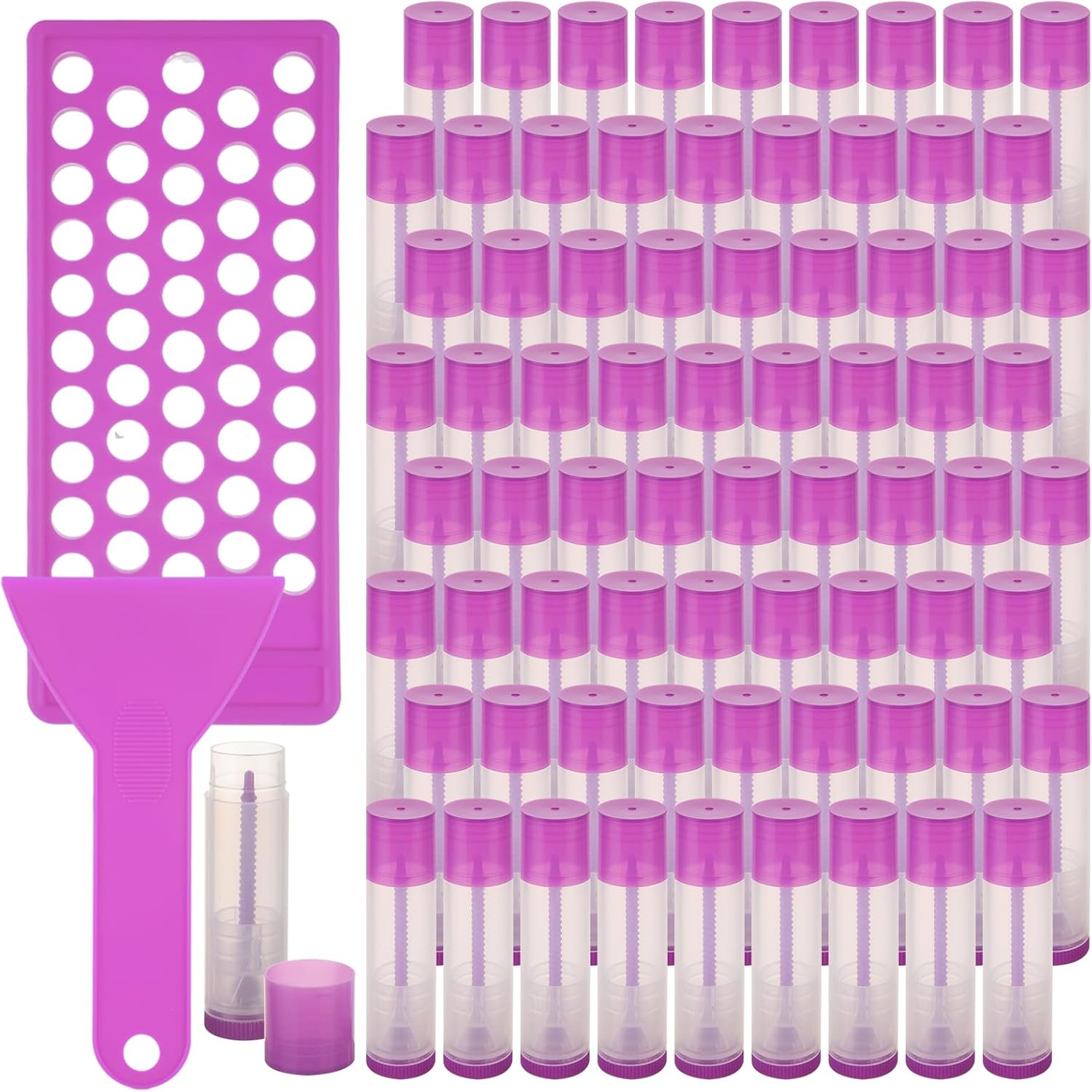 200Pack Plastic Lip Balm Tubes 5ml/5g Purple Lip Balm Containers, Chapstick Tubes Empty with Filling Tray and Spatula, Rotating Type Refill Lip with Cap for DIY Make Up Lip Balm-GlimoraGlow