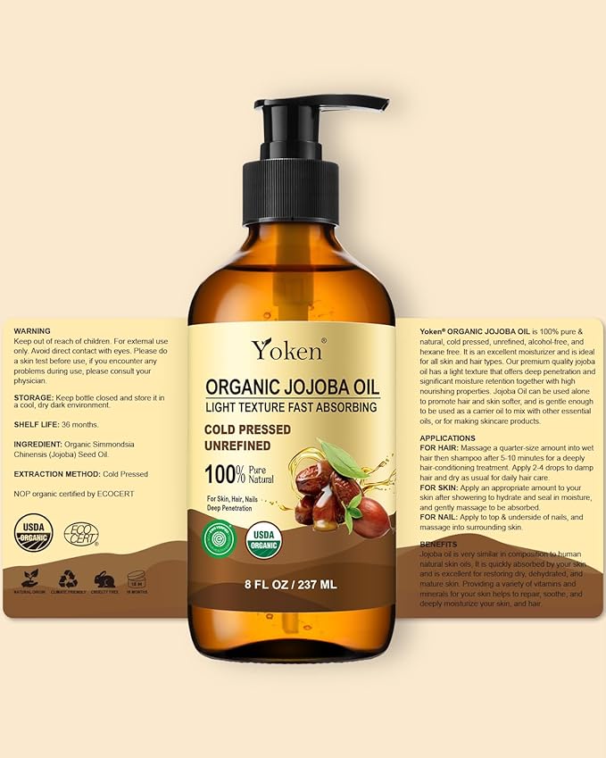 Yoken Organic Jojoba Oil Glass Bottle 8 fl oz, USDA Certified 100% Pure & Natural Jojoba Oil for Hair, Skin & Face, Cold Pressed Unrefined Hexane Free, Deeply Moisturizing Body Serum Oils for Gua Sha-GlimoraGlow