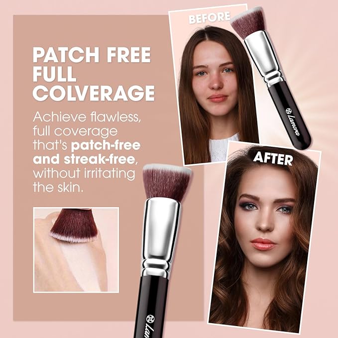 LAMORA Foundation Brush for Liquid Makeup - Kabuki Face Brush for Cream, Powder, Blush, and Concealer - Flat Top Blending, Buffing, Stippling Brush-GlimoraGlow