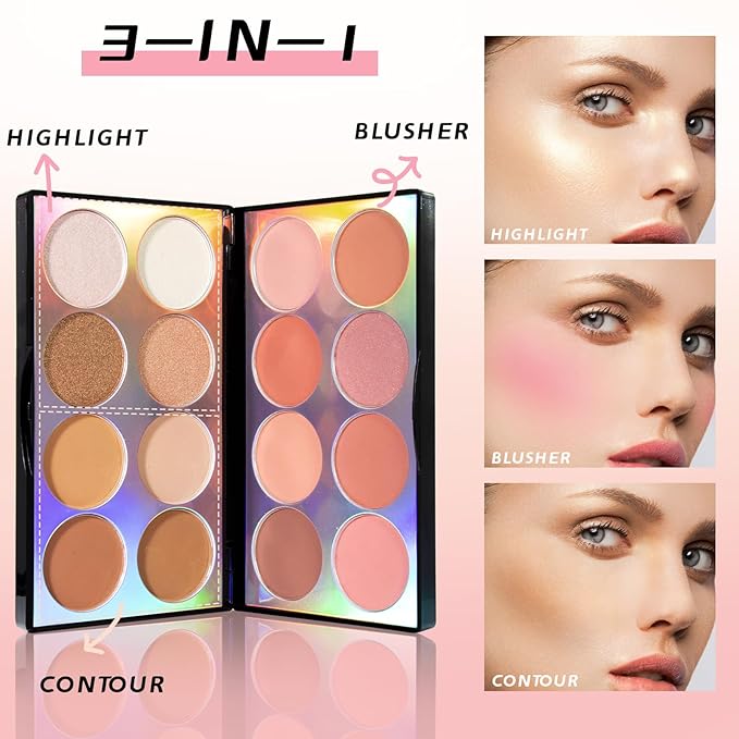 16 Colors Blush Contour Highlighter Makeup Palette, All-in-One Shimmer Silky Matte Mineral Blush Powder Palette, Face Sculpting Bronzer Blusher Illuminator Palette for a Natural Glowing-GlimoraGlow