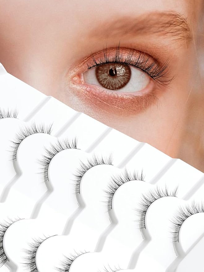 Natural Lashes Wispy Eyelashes Natural Look Short Lashes Pack 12mm Eyelashes C Curl False Lashes Thinner Band 3D Volume Fake Eyelashes 7 Pair Siligli-GlimoraGlow