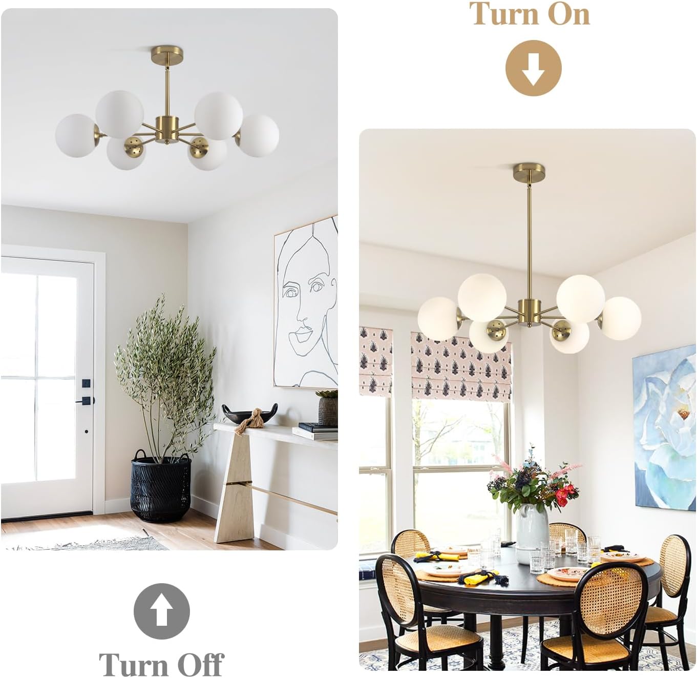 KCO 6-Light Globe Sputnik Chandelier Milk Glass Modern Gold Chandelier Light Fixture Mid Century Sputnik Chandeliers Pendant Lighting Brushed Brass Chandelier (Gold+White)