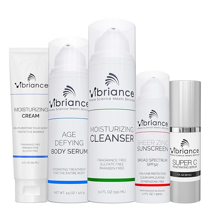Vibriance Premium Skincare Bundle | Super C All-in-One Serum, Face Cleanser, Moisturizing Cream, Sheer Zinc Sunscreen SPF 50, Age Defying Body Creme - Heal, Hydrate, Protect, Rejuvenate-GlimoraGlow