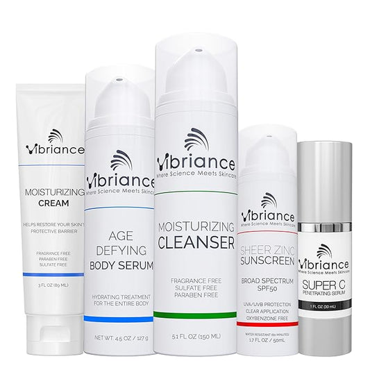Vibriance Premium Skincare Bundle | Super C All-in-One Serum, Face Cleanser, Moisturizing Cream, Sheer Zinc Sunscreen SPF 50, Age Defying Body Creme - Heal, Hydrate, Protect, Rejuvenate-GlimoraGlow