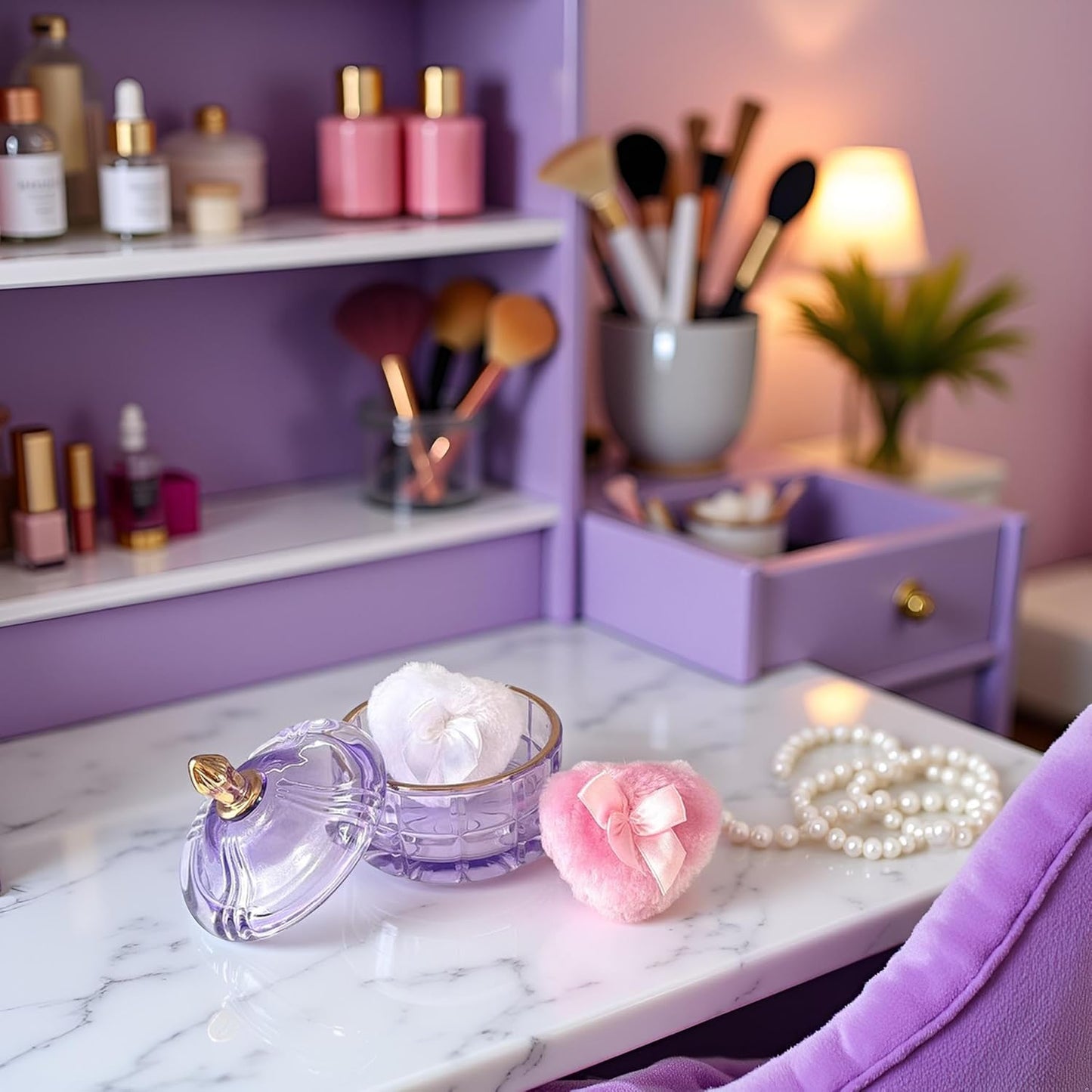 Body Powder Puff and Container - Glass Dusting Powder Container with 2 Soft Puffs Vintage Powder Puff Case for Women & Girls (3.94x3.94x3.94 H in) - GRB011-Purple-GlimoraGlow