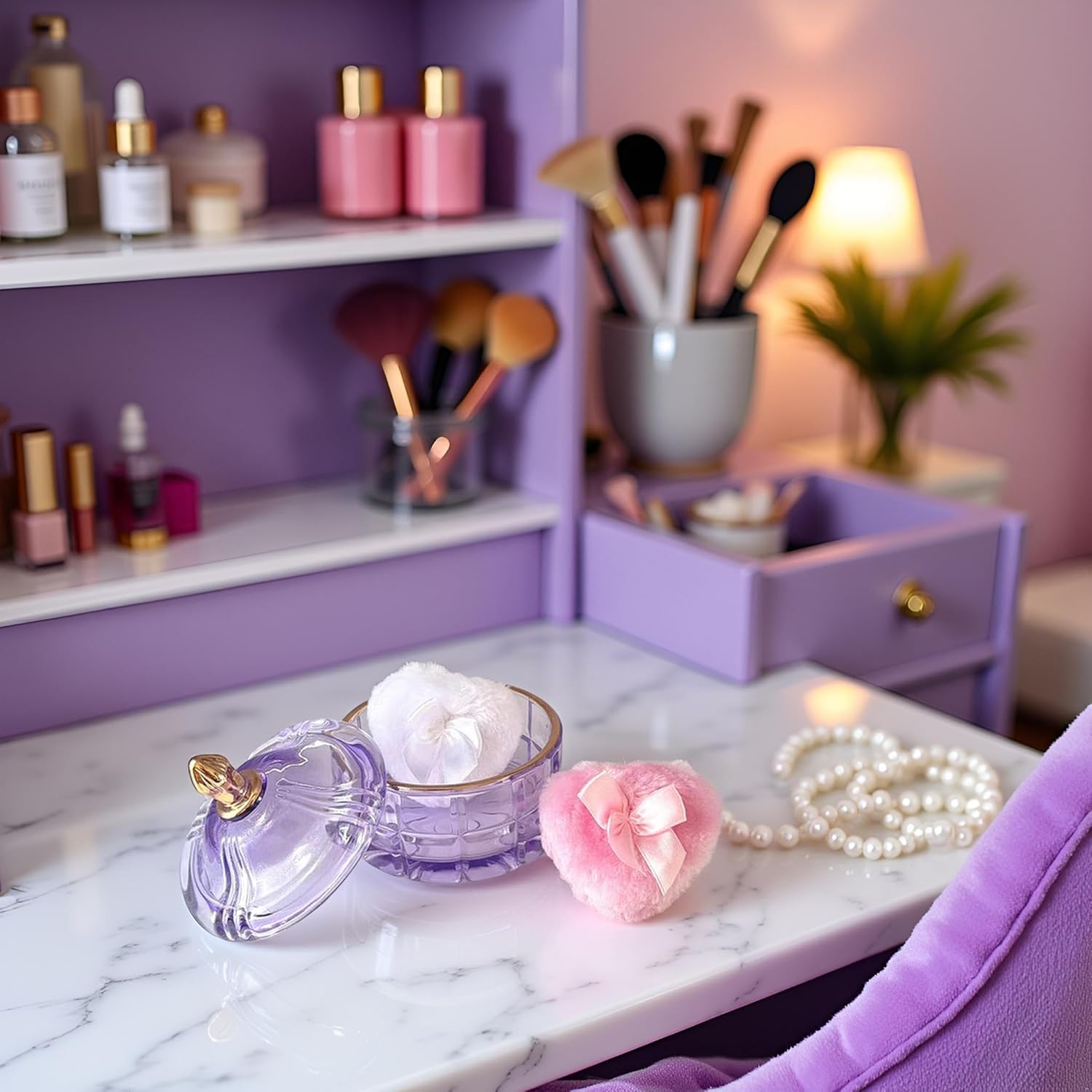 Body Powder Puff and Container - Glass Dusting Powder Container with 2 Soft Puffs Vintage Powder Puff Case for Women & Girls (3.94x3.94x3.94 H in) - GRB011-Purple-GlimoraGlow