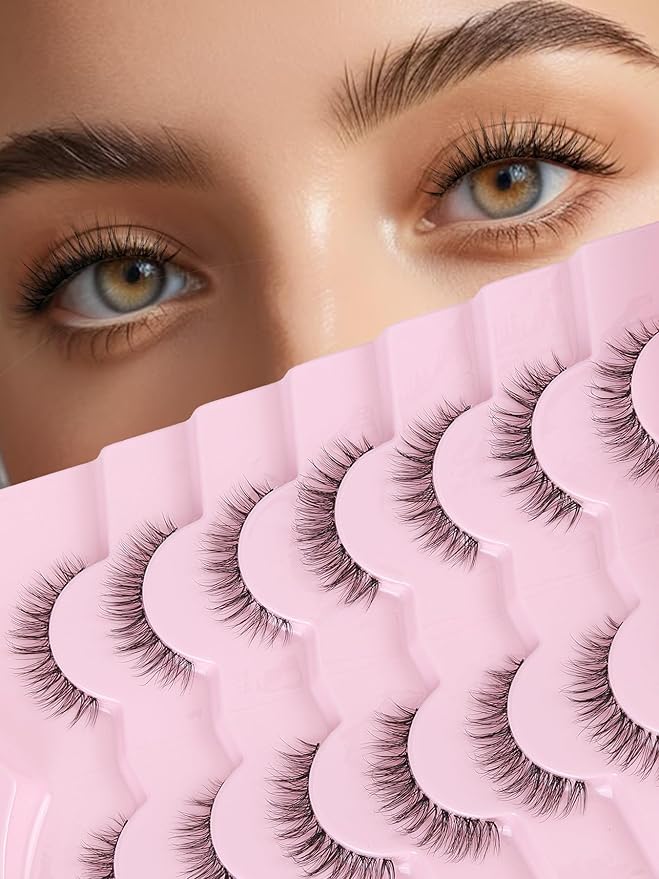 Natural Lashes False 11mm Short Eyelashes Wispy C Curl Eye Lashes Pack with Thin Cotton Band Fake Eyelash 3D Volume For Daily Siligli Lash 7 Pair-GlimoraGlow