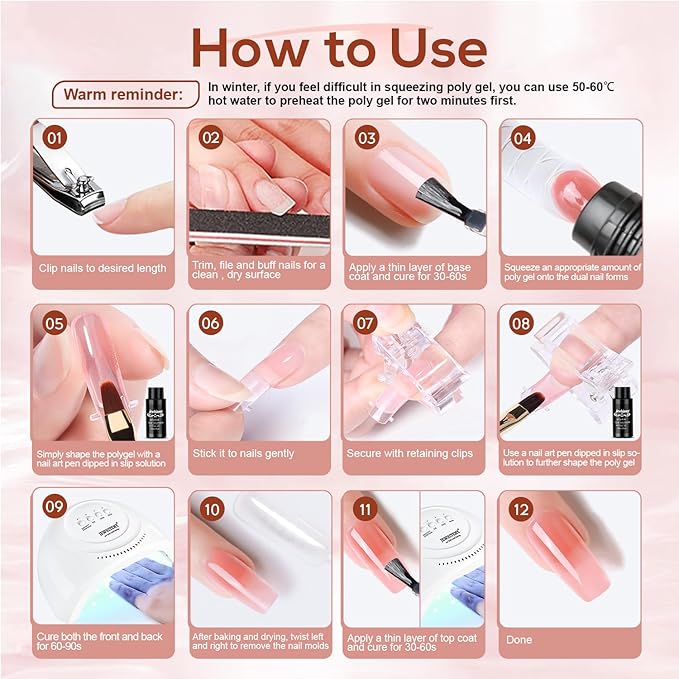 JEWHITENY Poly Extension Gel Kit With 48W LED Nail Lamp 14 Colors Builder Extension Gel All-in-One French Kit Nail Art Design Beginner Kit-GlimoraGlow