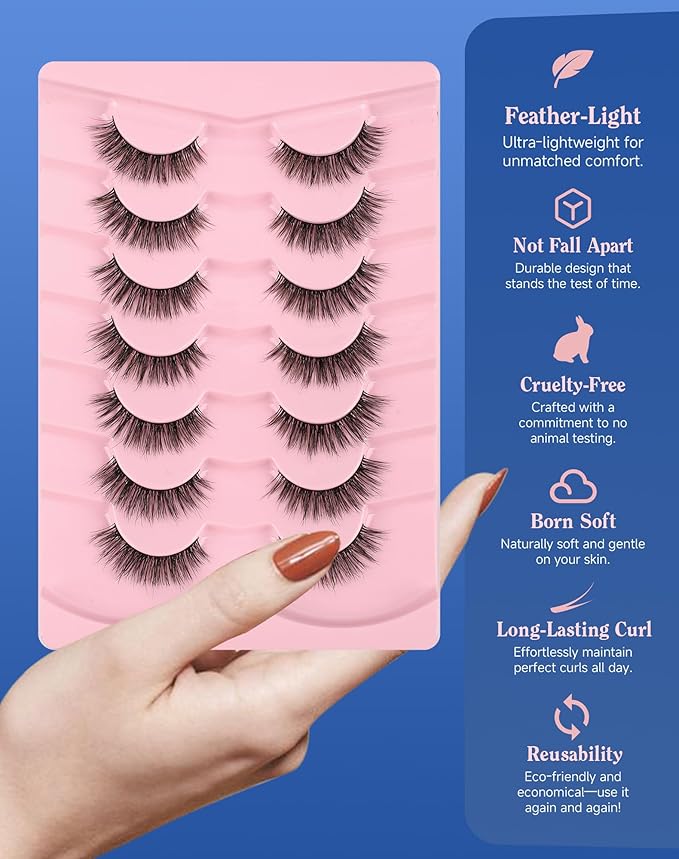 Natural Lashes Natural Look Wispy Eyelashes Flared Strip Eyelash False Eye Lash Soft Eyelashes Pack 7 Pairs 13MM D75-GlimoraGlow