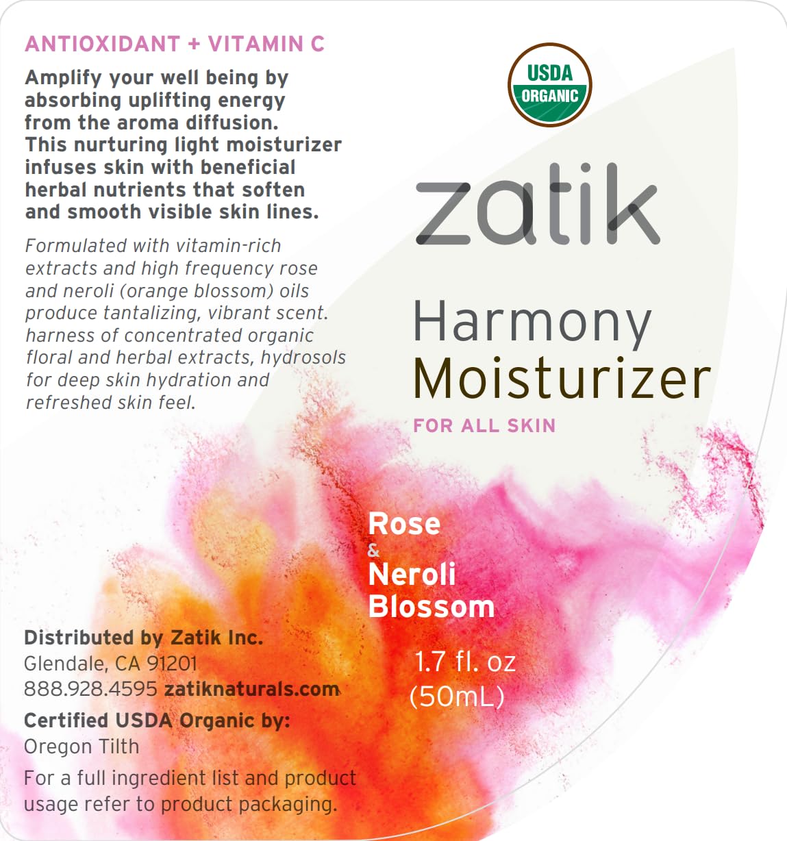 Zatik Naturals - Harmony Moisturizer with Rose and Neroli Blossom, USDA Organic, Vegan, Non GMO, Gluten Free, Soy Free, Alcohol Free, pH Balanced, Biodegradable, 1.7 fl oz 50ml-GlimoraGlow